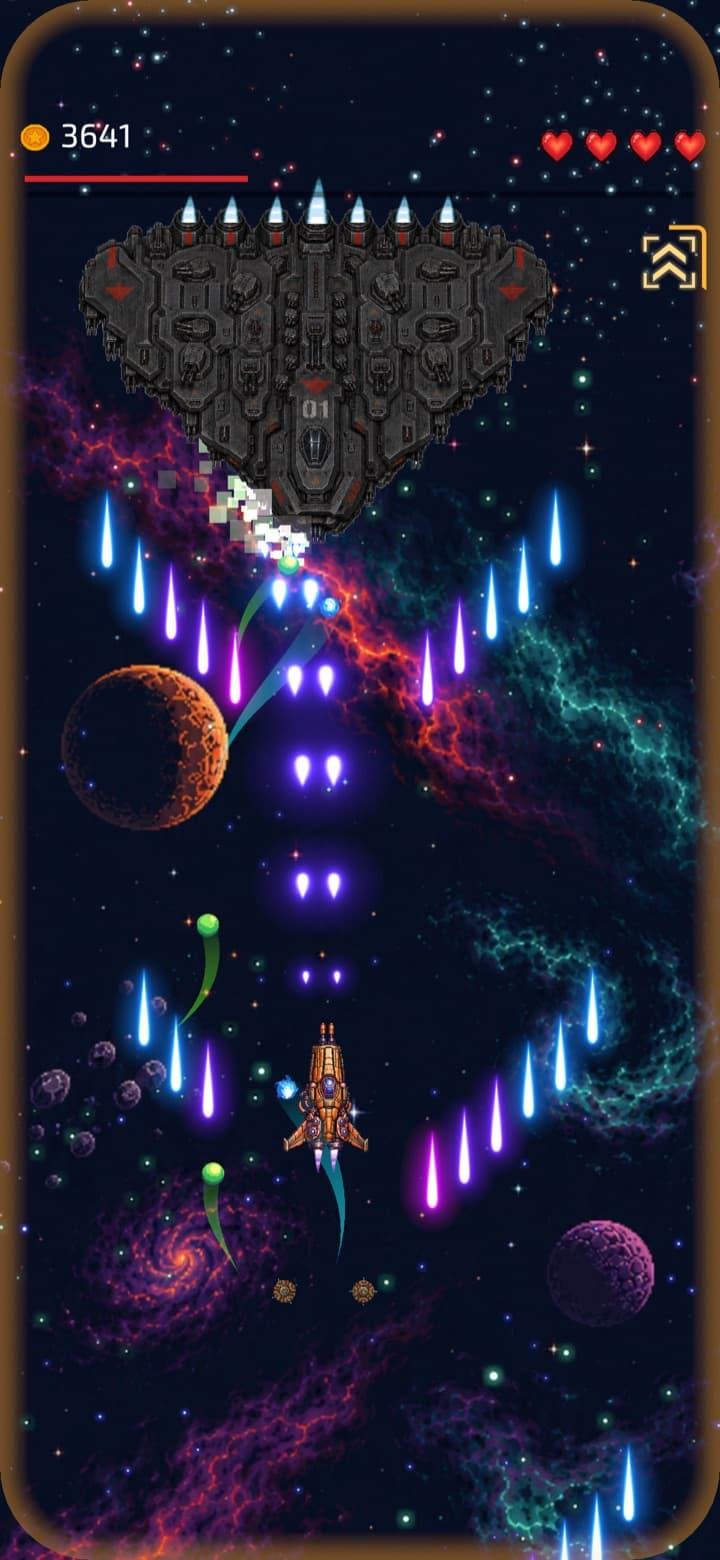 The player's ship firing a spread of shots at a giant capital ship