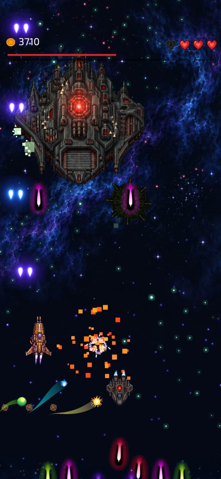 A heavily armoured boss ship with a red core